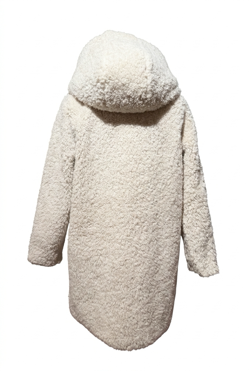 haamukuvana  takaa kuvattuna ecrun värinen ja polven yläpuolelle pituinen teddytakki, jossa huppu..