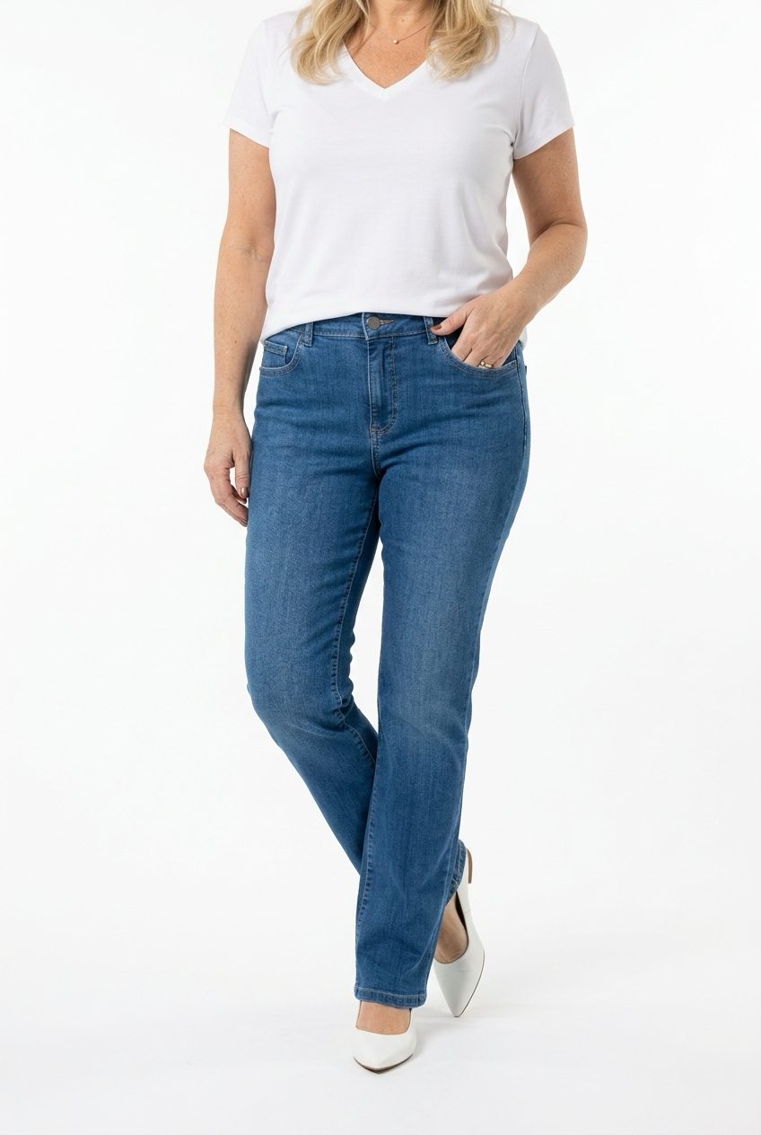 kulutuspestyt keskisiniset boot cut farkut naisen päällä.