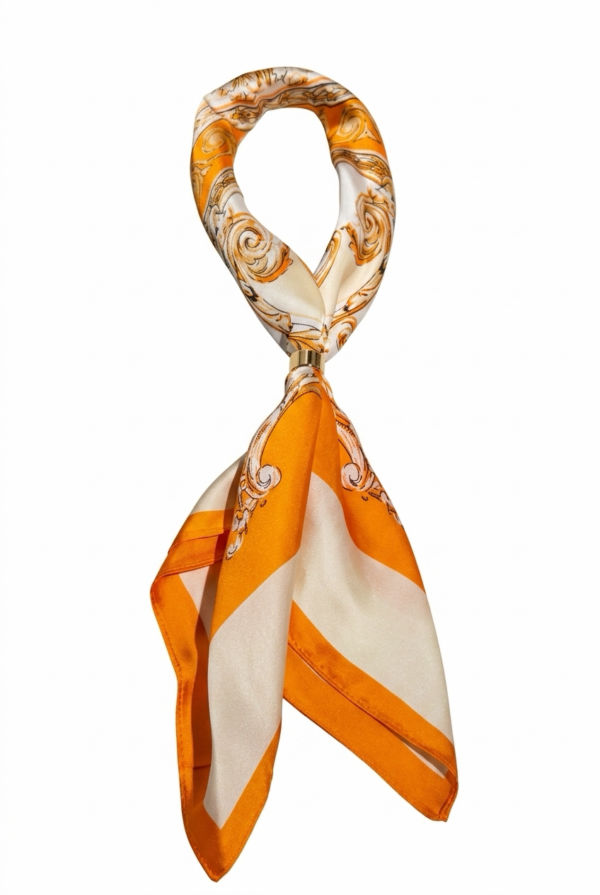 oranssi-luonnonvalkoinen pieni neliöhuivi ornamenttikuosilla, jossa korusolki mukana.