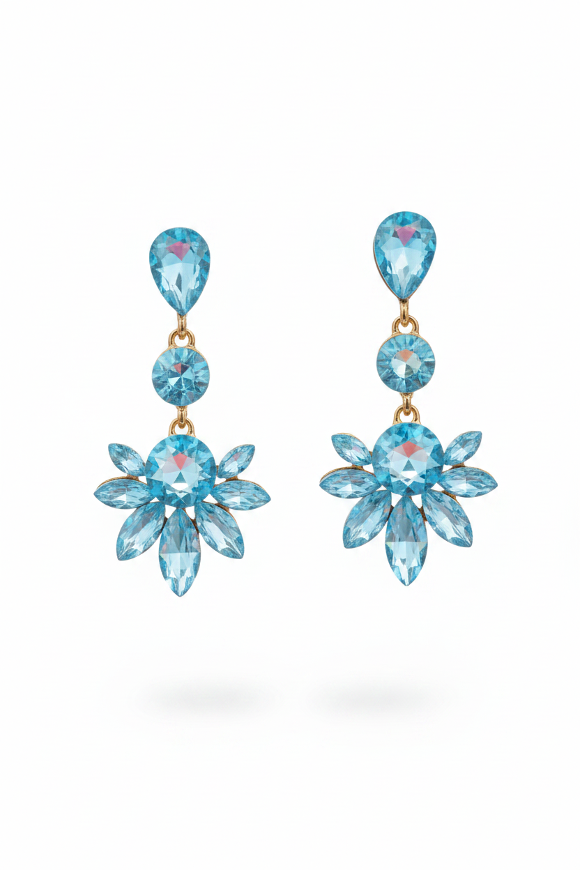 siniset läpikuultavat kolmiosaiset roikkuvat lasiset korvakorut.