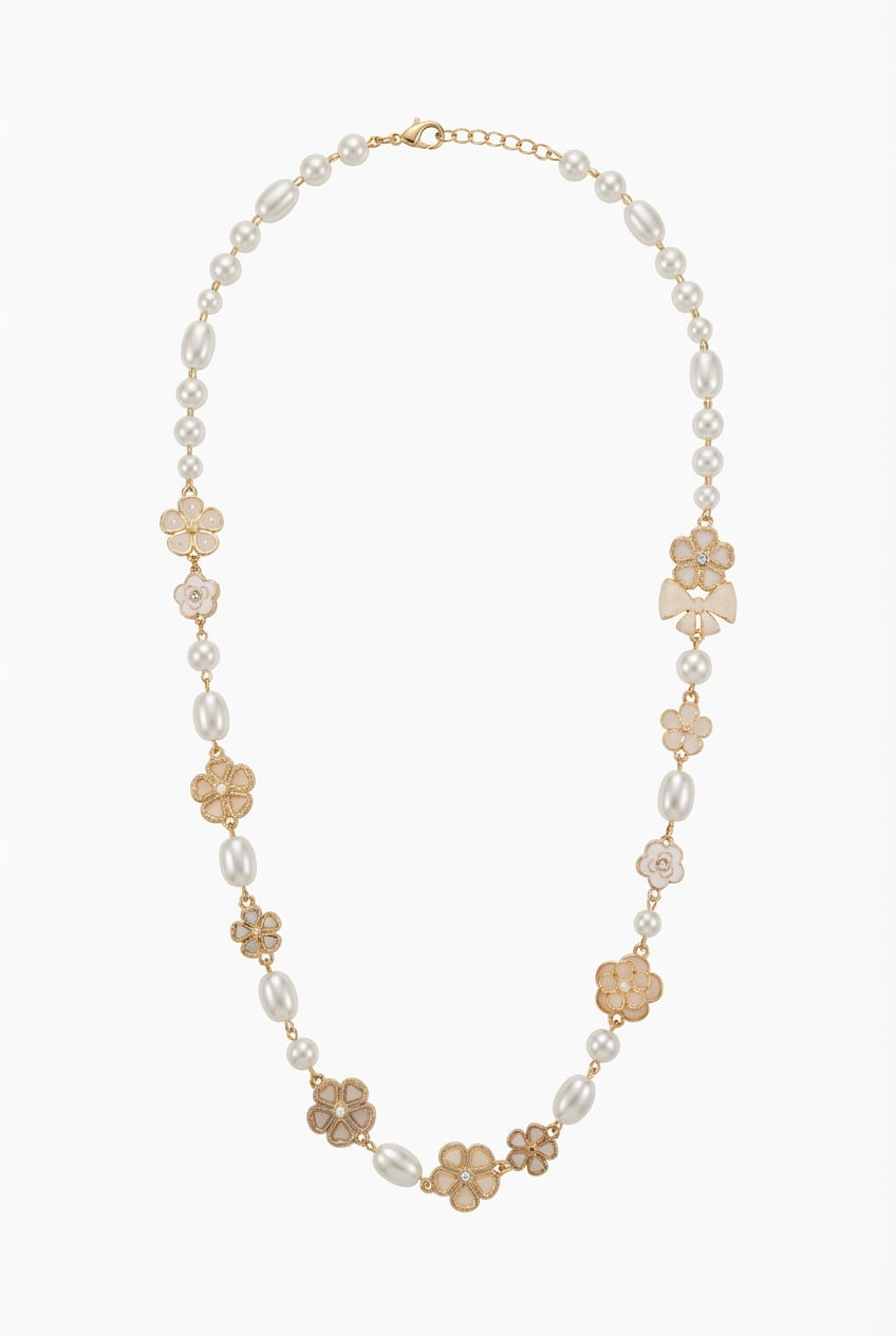 pitkä kaulakoru, jossa helmiä ja kukanmuotoisia vaaleita koristeita.