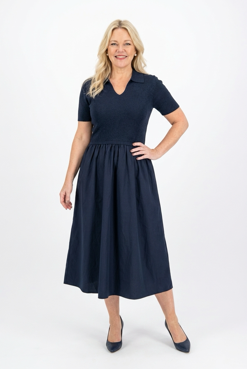 tummansininen pitkä mekko naisen päällä, jossa yläosa istuva ja kellohelma. Mekossa on kaulukset ja lyhyt hiha.