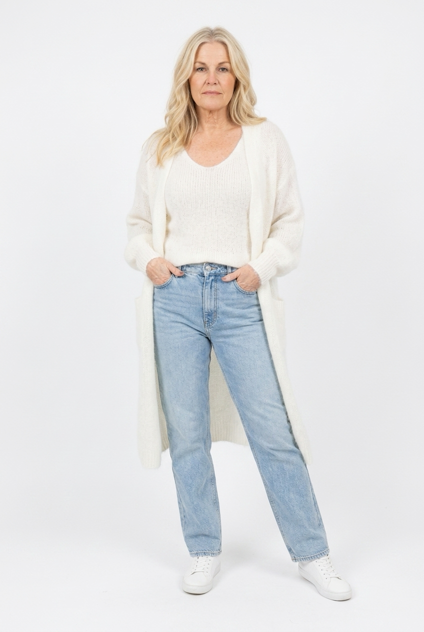 Mohairneuletakki Jana Pitkä Valkoinen