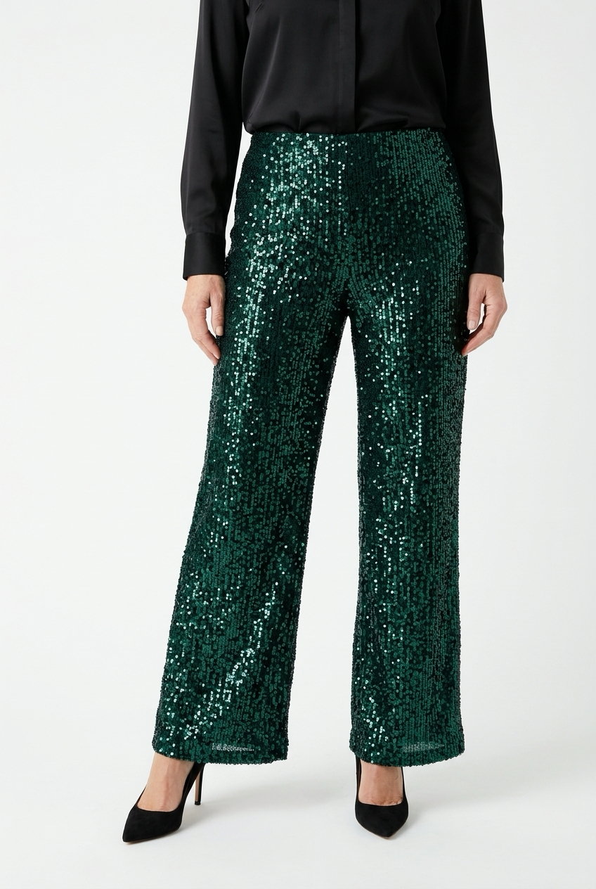 vihreät leveälahkeiset housut, joissa kauttaaltaan paljetteja.