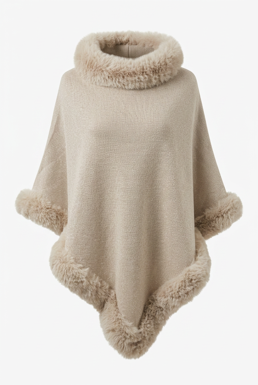 reilu beige poncho, jossa karvareuna ja karvapääntie.