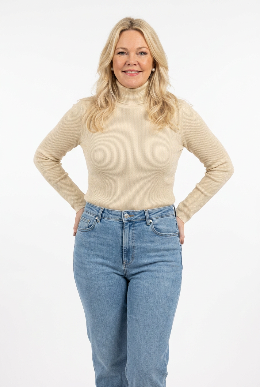 beige istuva ja pitkähihainen neulepoolo naisen päällä farkkujen kanssa.