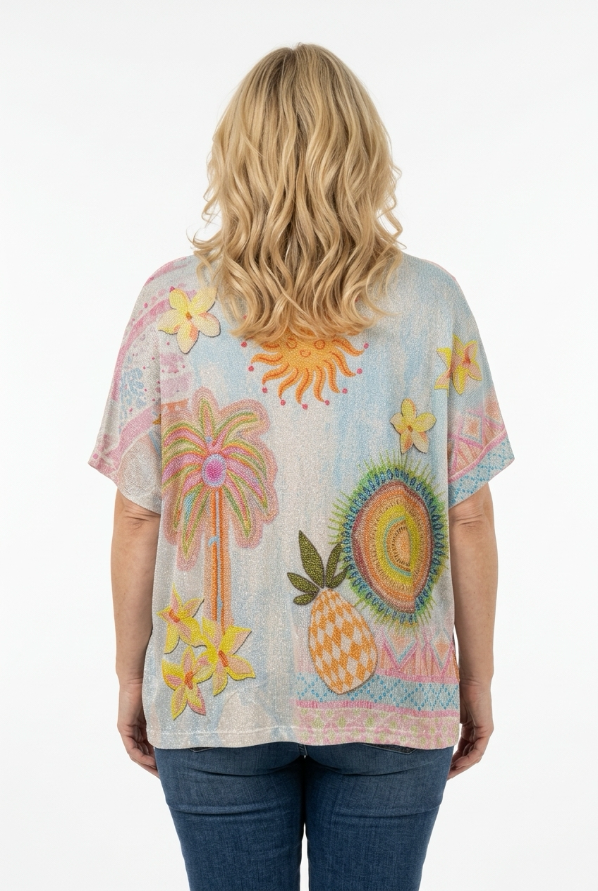 reilu ja väljä oversize pusero, jossa v-pääntie ja lyhyt hiha. Puserossa kesäinen kuosi, jossa ananas, aurinkoja, palmuja ja tekstiä.