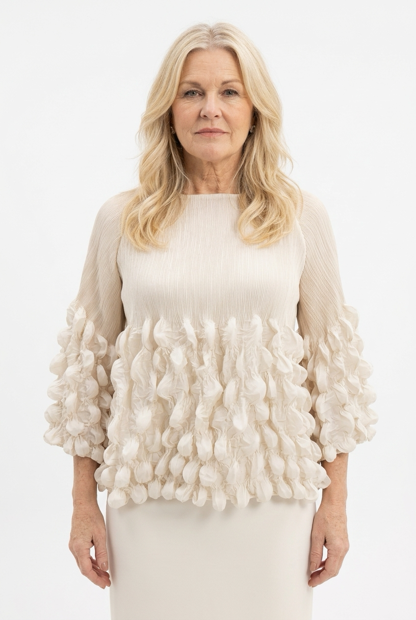 beige pusero naisen päällä, jossa 3/4 reilut hihat, lantiopituus ja venepääntie. Yläosa krepattua ja alaosa hihoista ja puserosta ilmavan kuplamaisesti koristeltu.