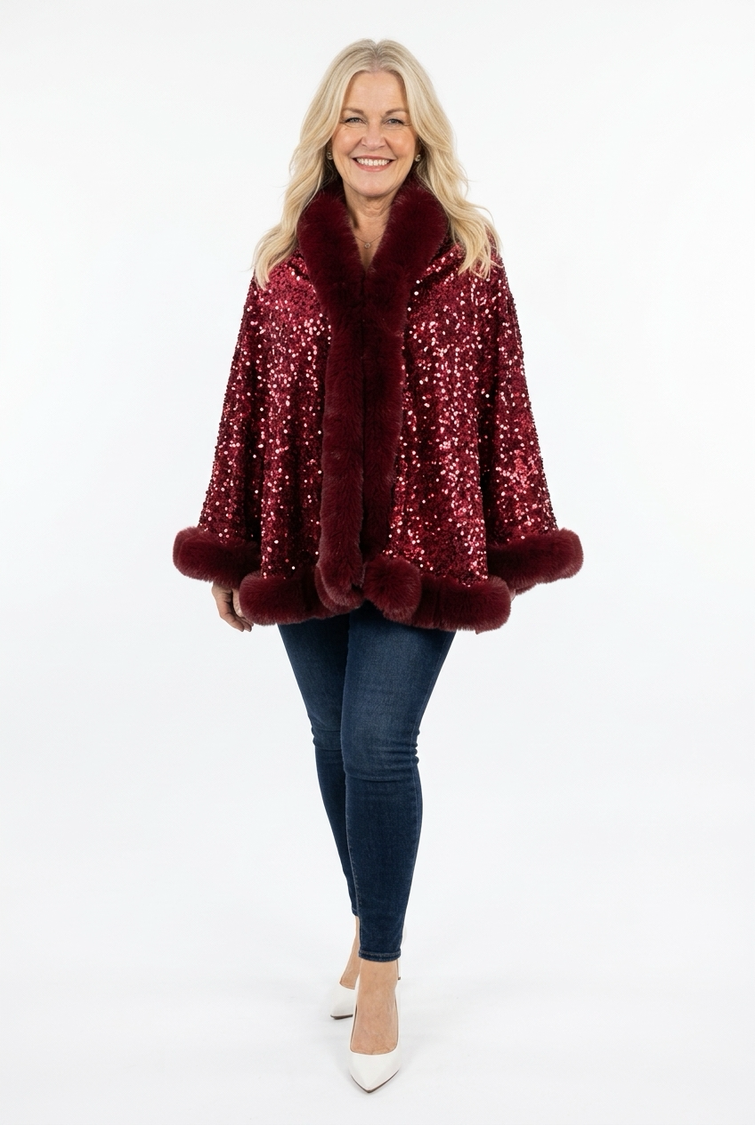 viininpunainen paljeteilla koristeltu viitta karvareunalla ja karvakauluksilla